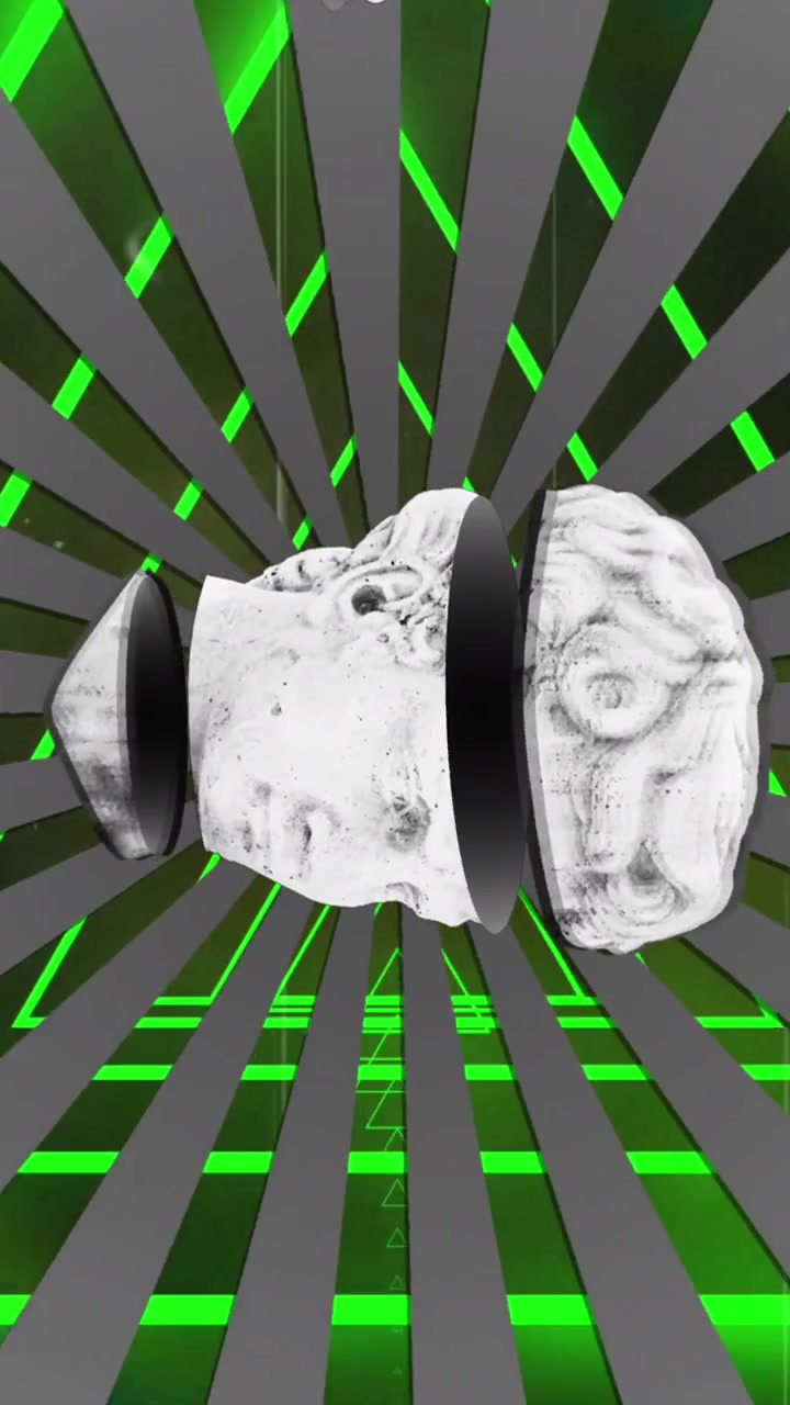 Animazione di sculture di teste antiche sezionate su tunnel al neon su sfondo nero