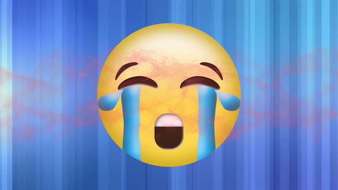 빨간색의 디지털 애니메이션 블루 그라디언트 배경에 울고 있는 얼굴 이모지 위의 디지털 파동