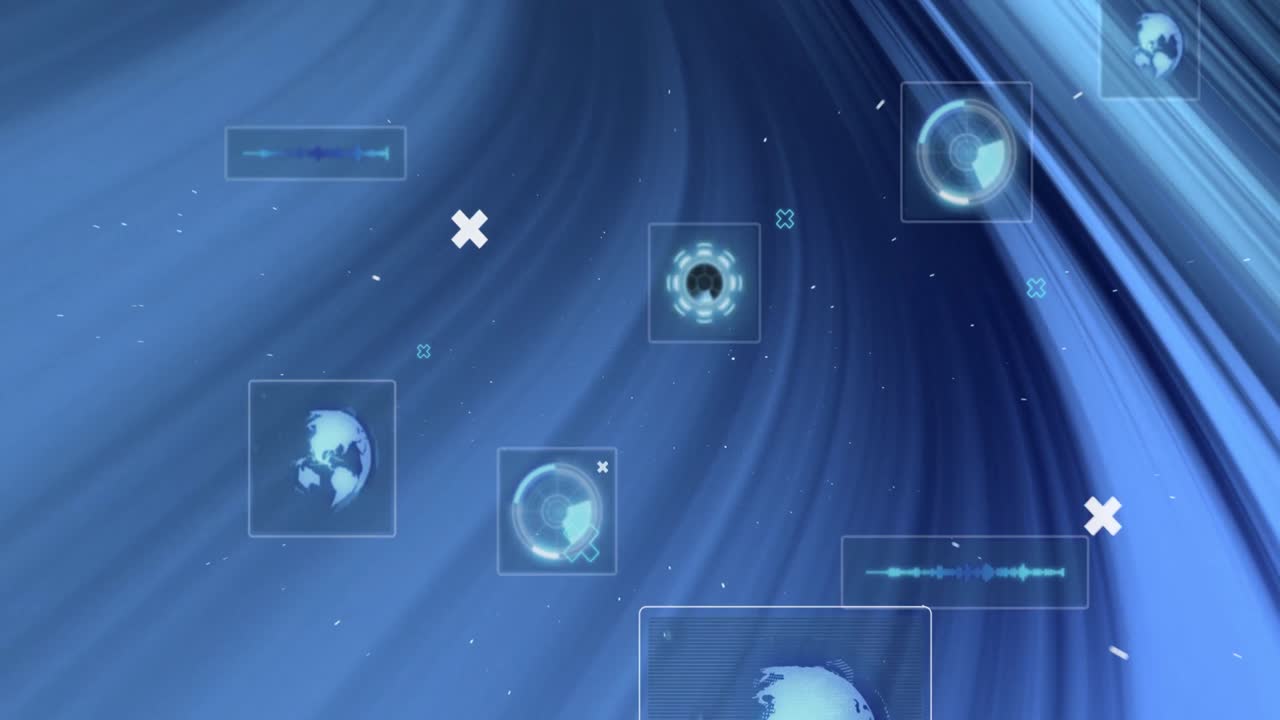 Animation of data processing and shapes on black background