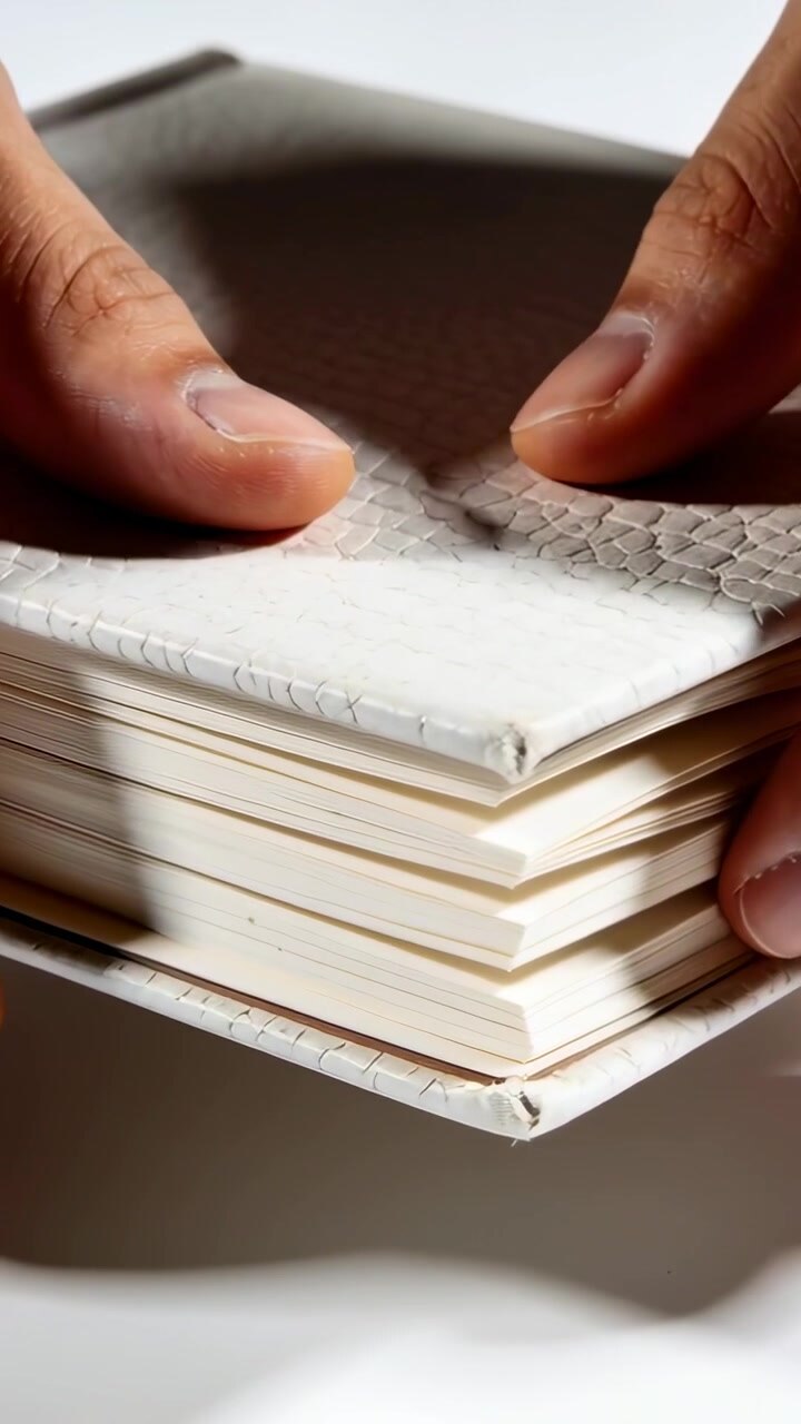 Vertical video: Fingers pressing, adult hands smoothing pages, aligning textured notebook on table
