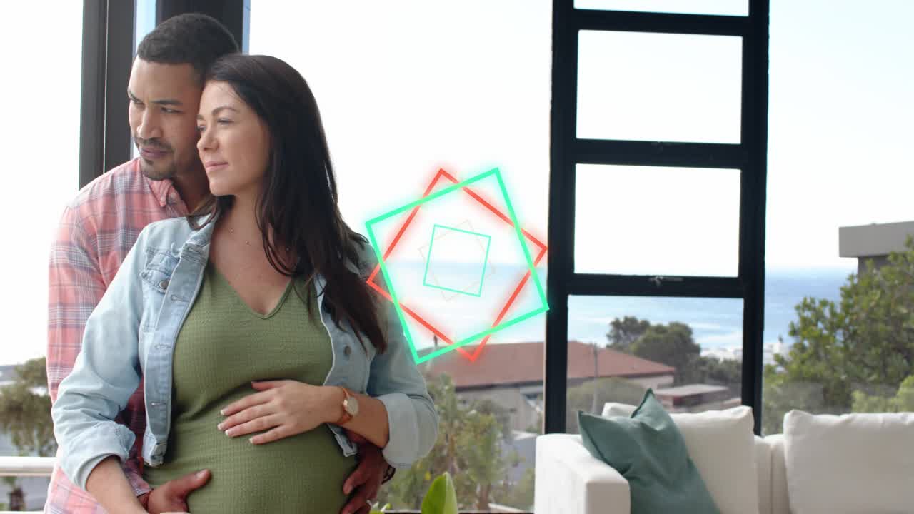 Partner reaching behind placing hands on bump, cradling for health while neon squares overlaying