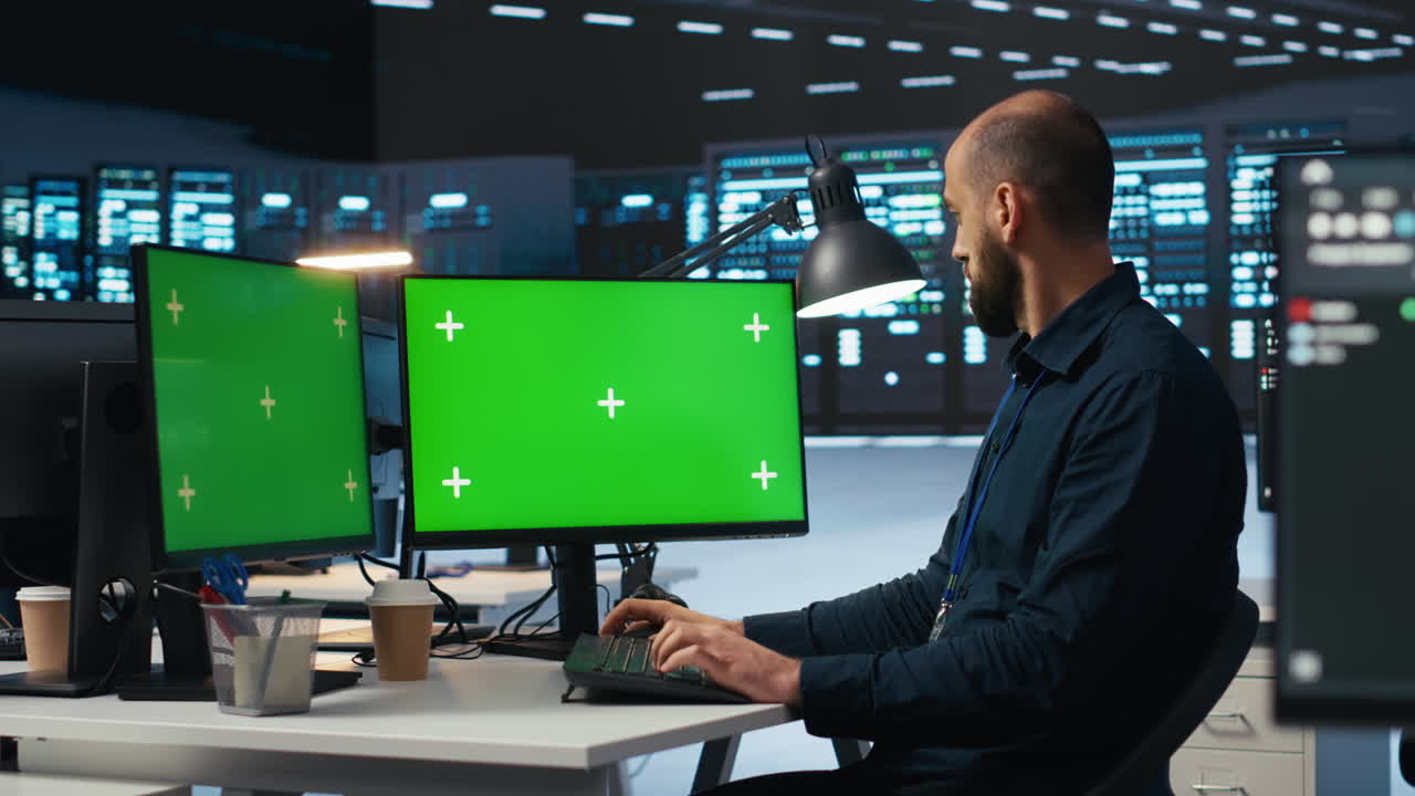 persona monitoreo del consumo de energía en los servidores con chroma key pc de escritorio