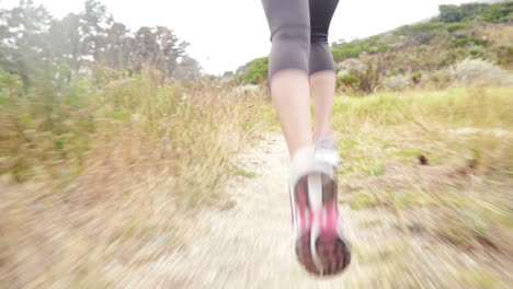 woman running trail close up shoes steadicam shot