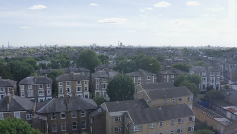 Low-London-aerial-flyover:-Majestic-old-brick-homes,-Archway-district