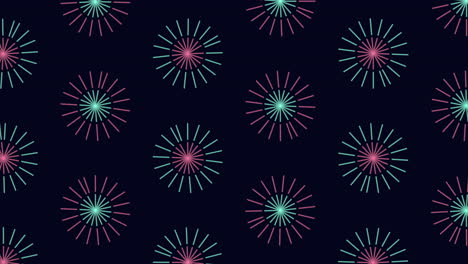Symmetrical design repeating green and purple stars on black background