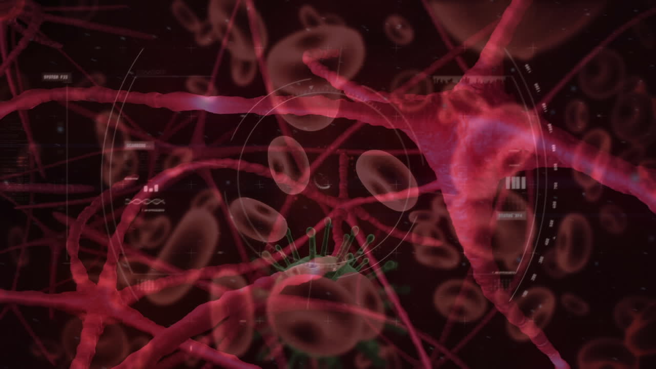 células virales generadas digitalmente y glóbulos rojos que fluyen a través de la arteria