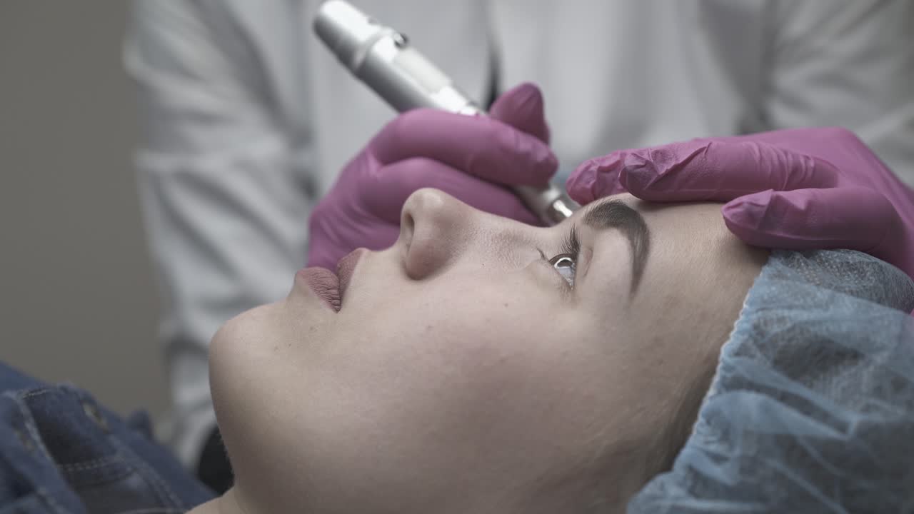 cosmetician applies permanent make-up on pretty visitor face