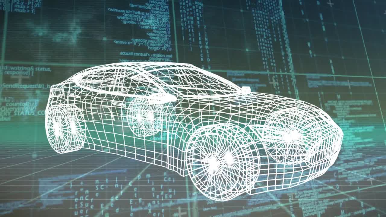 анимация автомобильного проекта над обработкой данных в зеленом и черном пространстве