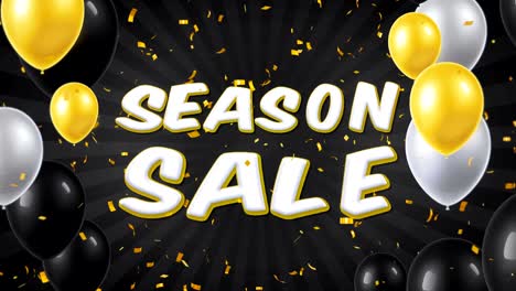 seasonal sale text appears on confetti popper explosions falling and glitter particles, colorful flying balloons seamless loop animation.