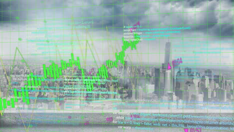 Animation-of-charts-and-processing-data-over-cloudy-cityscape