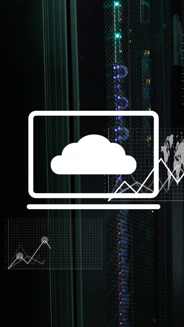 Cloud icon with charts and graphs processing data over glowing servers in dark computer server room