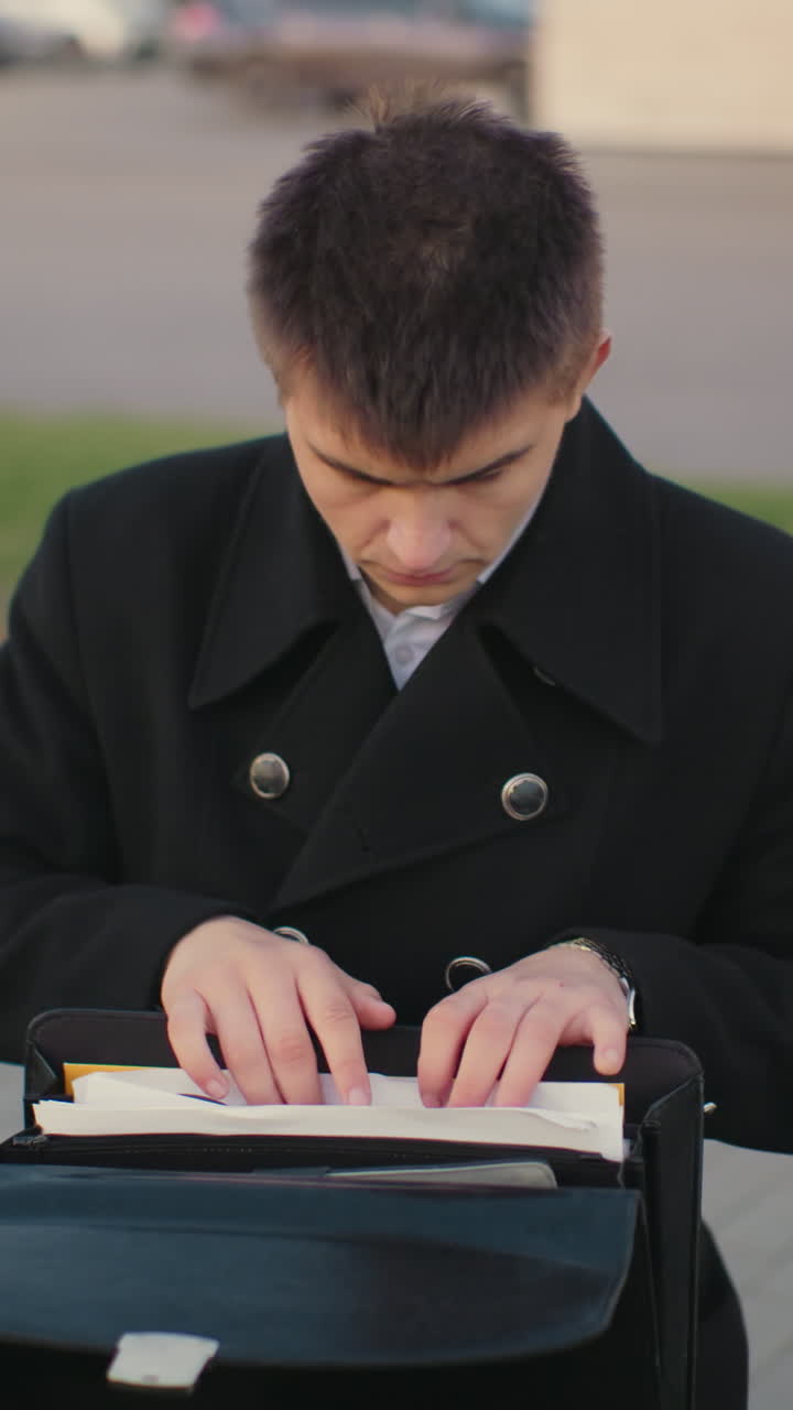 hombre de negocios sentado al aire libre después del trabajo, revisando documentos en un entorno urbano, edificio de oficinas en el fondo, luz de la calle y coche estacionado al crepúsculo