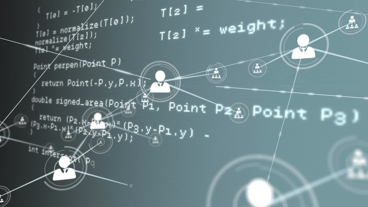 회색 배경에 컴퓨터 언어를 루핑하는 선으로 연결된 아이콘의 애니메이션