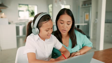 kid, headphones and laptop with mother