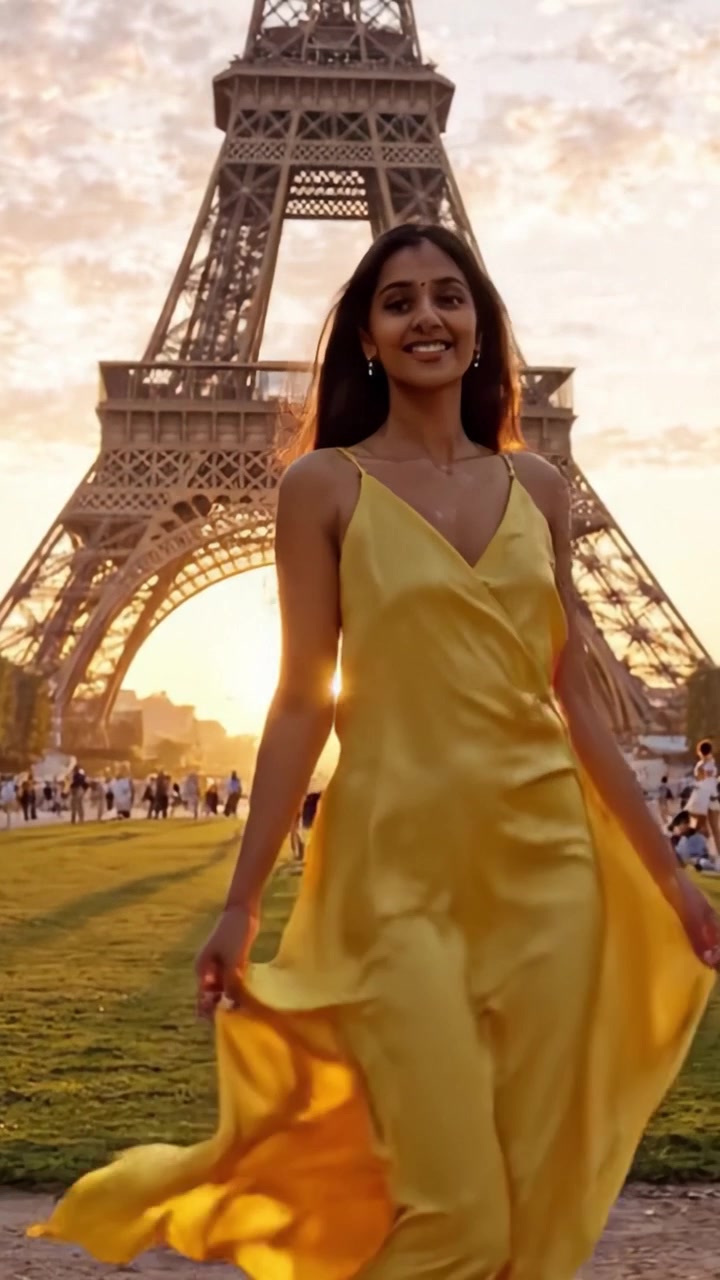 Una passeggiata radiosa al tramonto vicino all'iconica Torre Eiffel, che cattura la gioia e l'eleganza di una donna in giallo in una suggestiva serata parigina