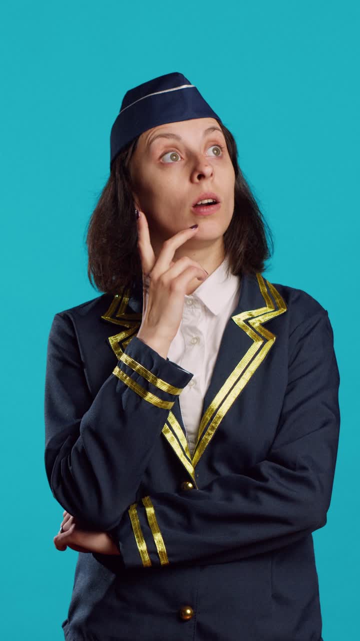 Vertical video: Woman working as stewardess brainstorming new ideas