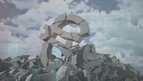 Animation-of-data-processing-over-broken-euro-symbols-and-clouds