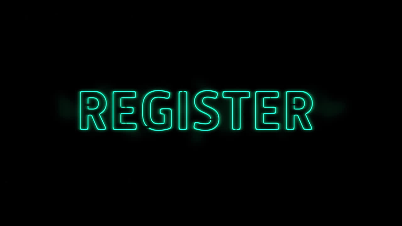 Animation of register neon text over black background