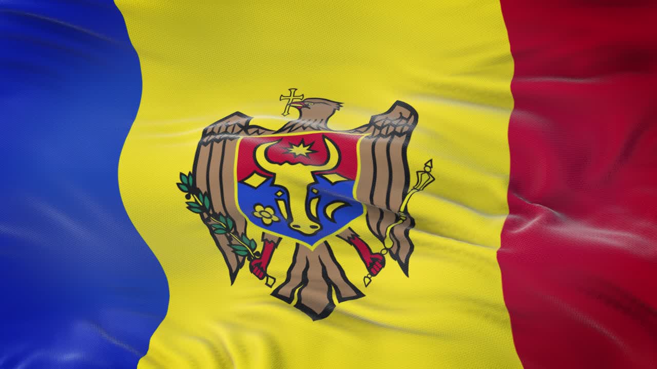 Bandera de Moldavia ondeando al viento con textura de tela muy detallada. Bucle sin fin