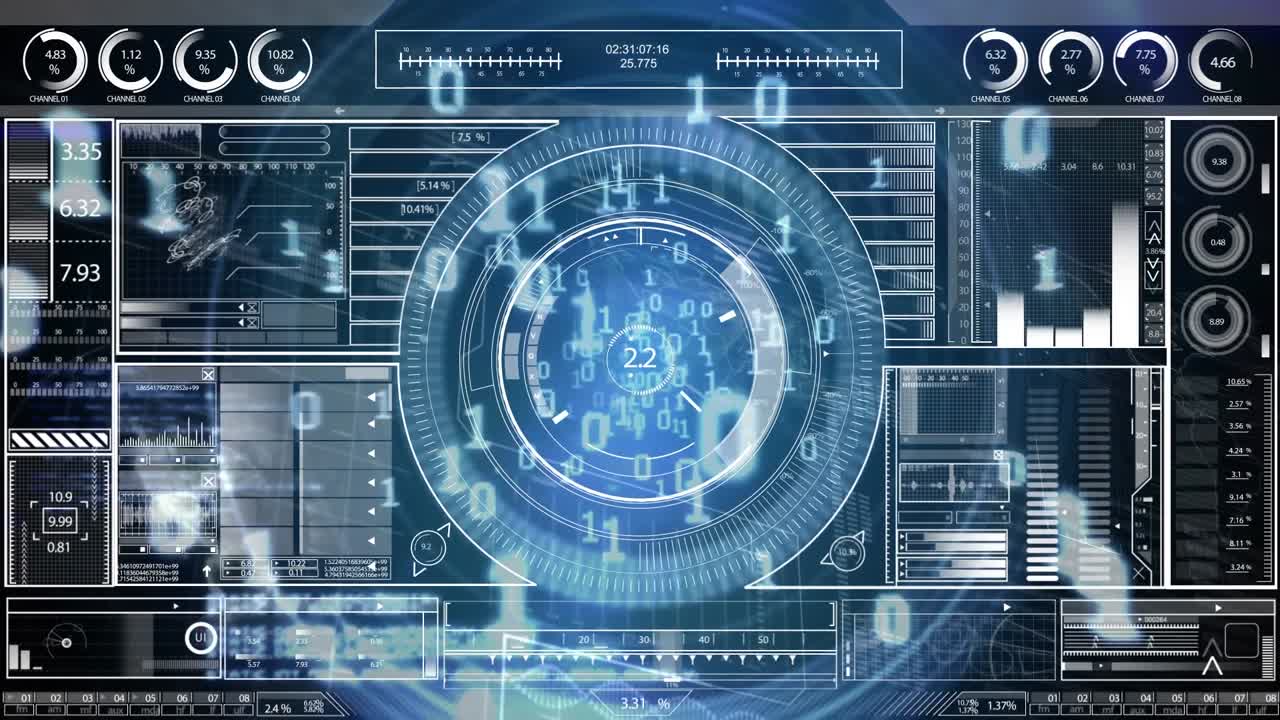 Animation of scope scanning and data processing on black background