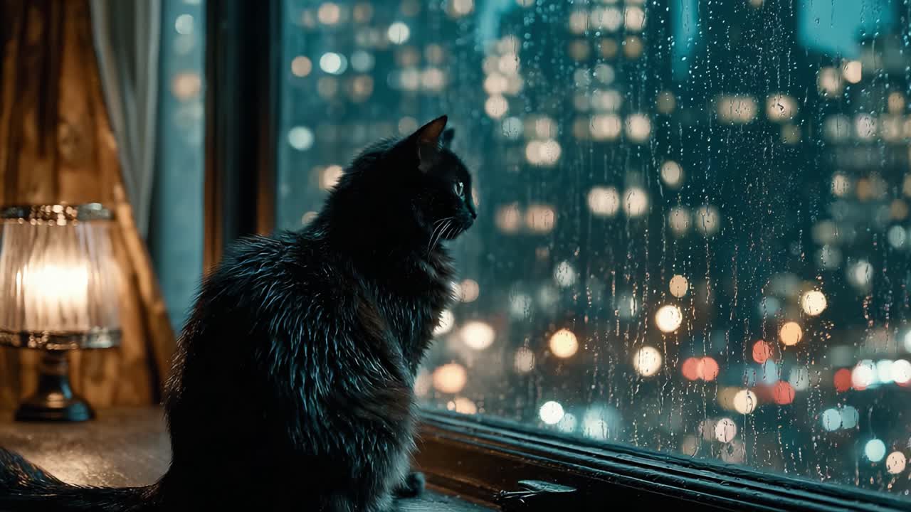 A Cat Watching the Rainy City Lights: A Cozy Night Scene Filled with Warmth and Reflection from the Comfort of a Home Window
