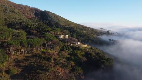 runner approaching rhodes memorial below devils peak. low pressure weather creating low hanging clouds brought from a north western wind. aerial shot moving forward over pine trees.