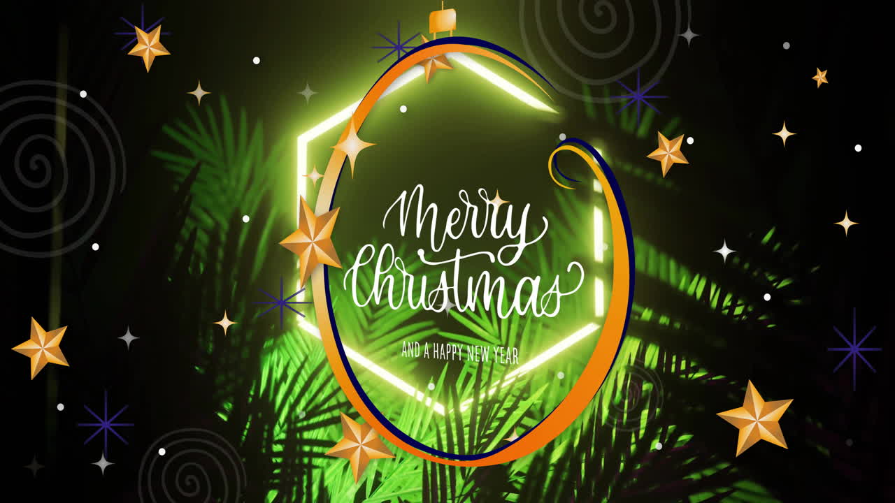 Festive animation with Merry Christmas text, stars, and green leaves in design