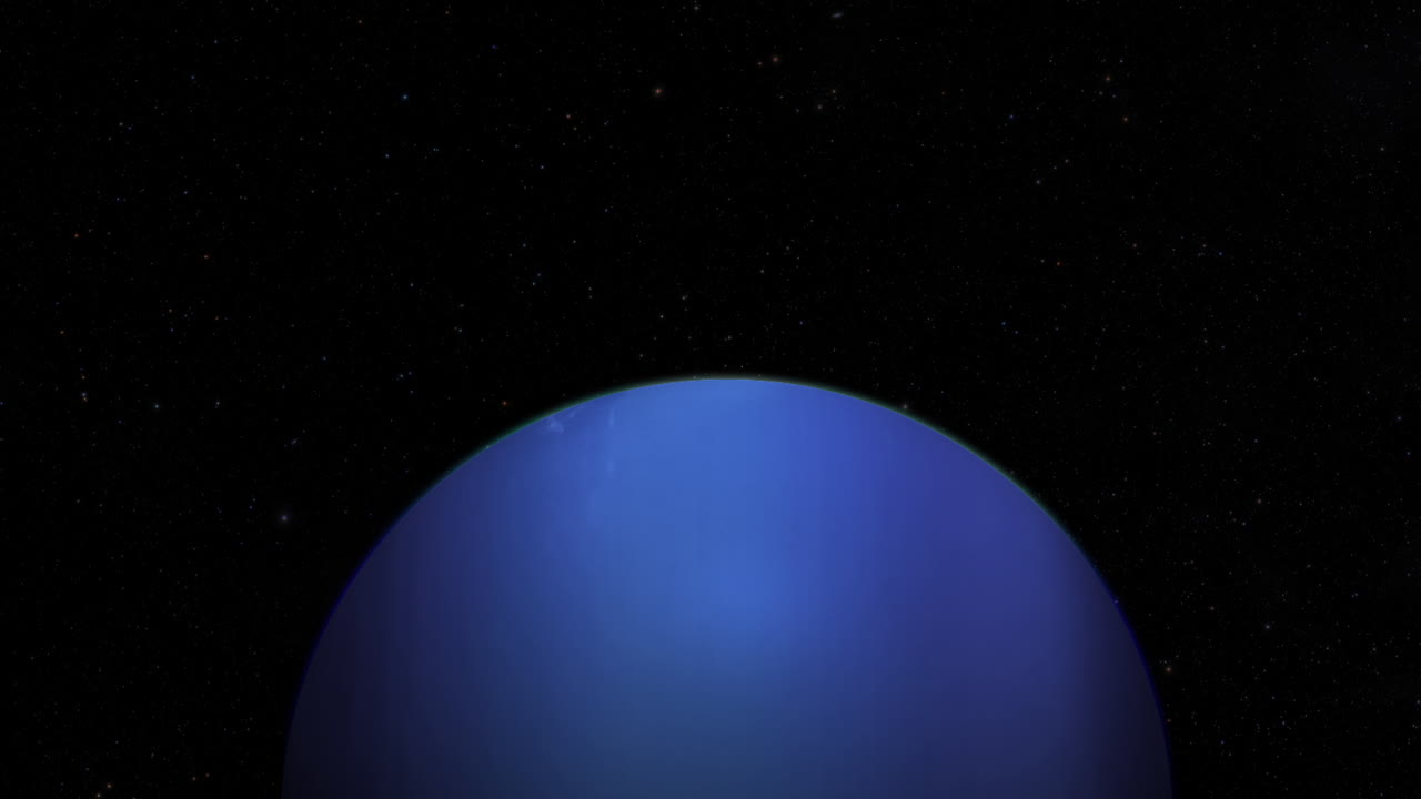 CGI-komposit: flyger över planeten Neptunus, halvt upplyst med en stjärnfylld bakgrund