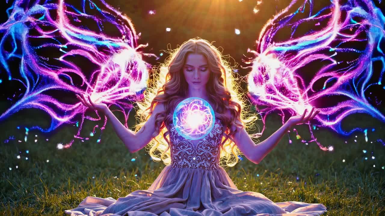 Young woman with long blond hair, seated in a meditative pose outdoors, holding a glowing sphere as colorful energy streams from her hands, creating a mystical atmosphere