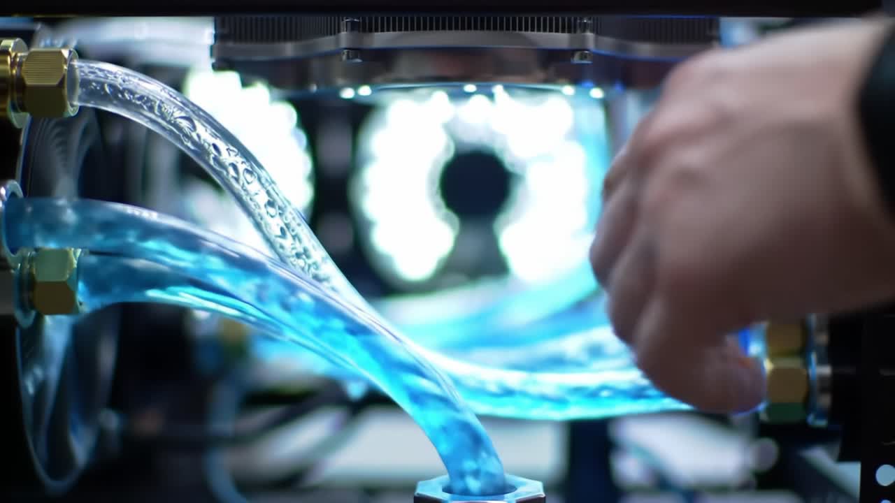 Dynamic Liquid Cooling System in Action: A Close-Up of a Hand Manipulating Fluid Tubing and LED Lights Enhancing the Aesthetic of Modern Computer Cooling Solutions