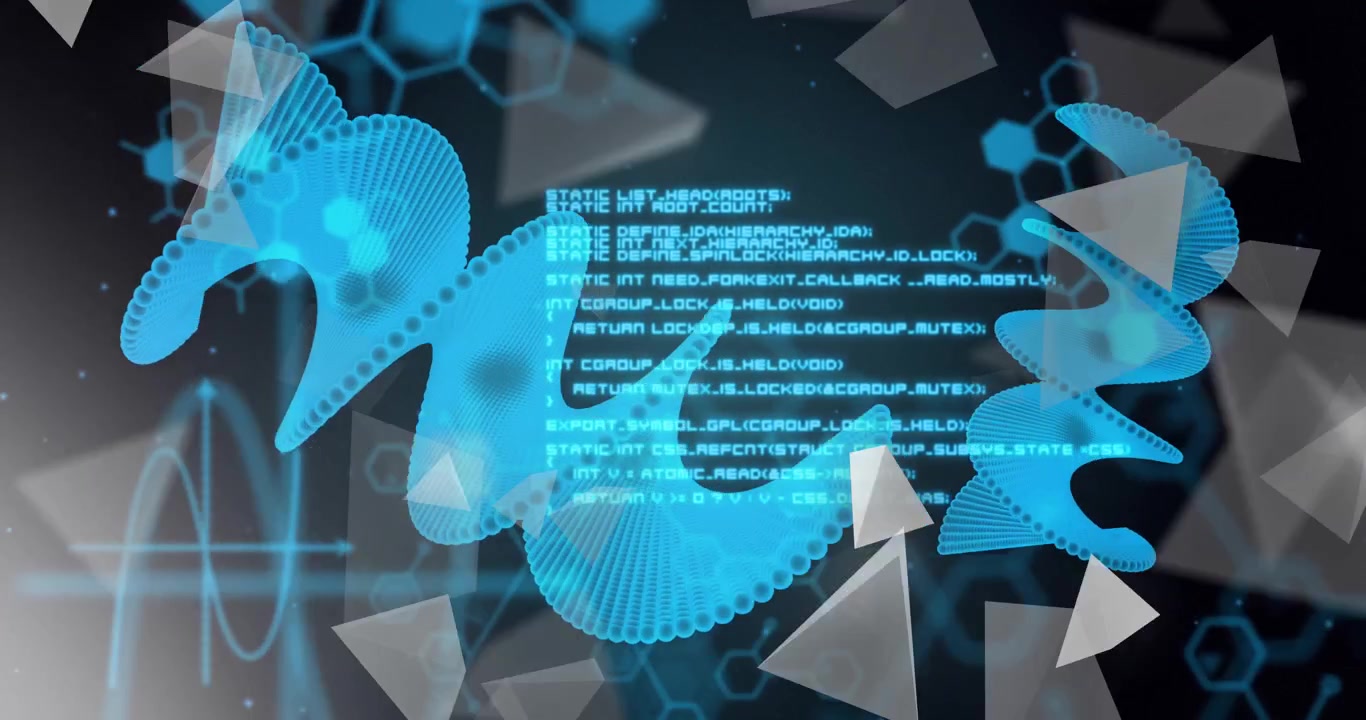 Animation of abstract blue waveforms with geometric shapes and digital data elements