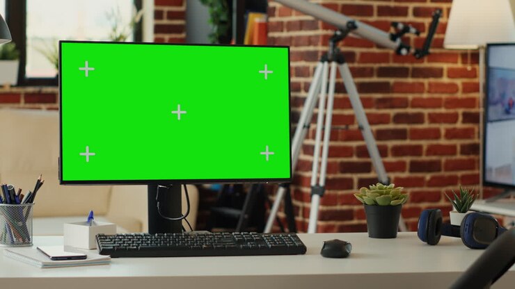 Greenscreen-skærm på monitor med tomt bord i stuen
