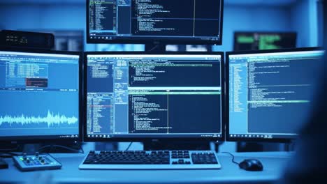 In a modern tech workspace, multiple screens showcase intricate coding and data analysis. A keyboard and control panel are visible, emphasizing a focused programming environment.