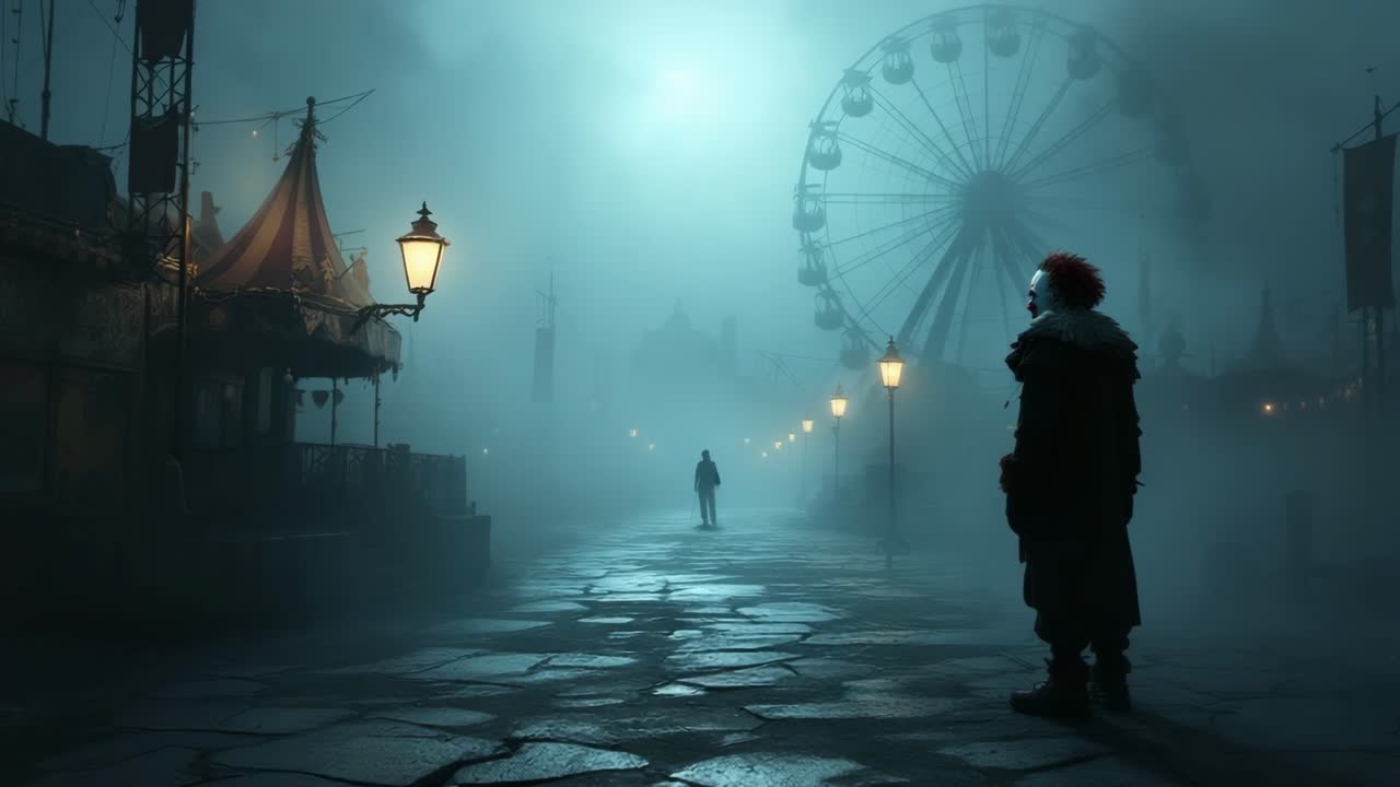 Eerie clown stands in foggy carnival scene, observing mysterious figure approaching in shadows