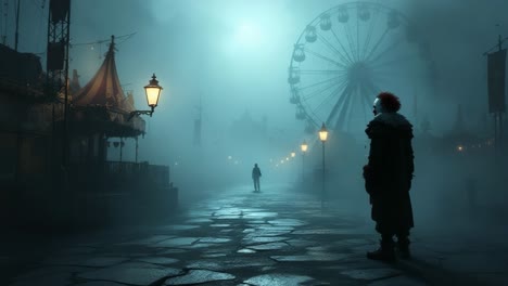 eerie clown stands in foggy carnival scene, observing mysterious figure approaching in shadows