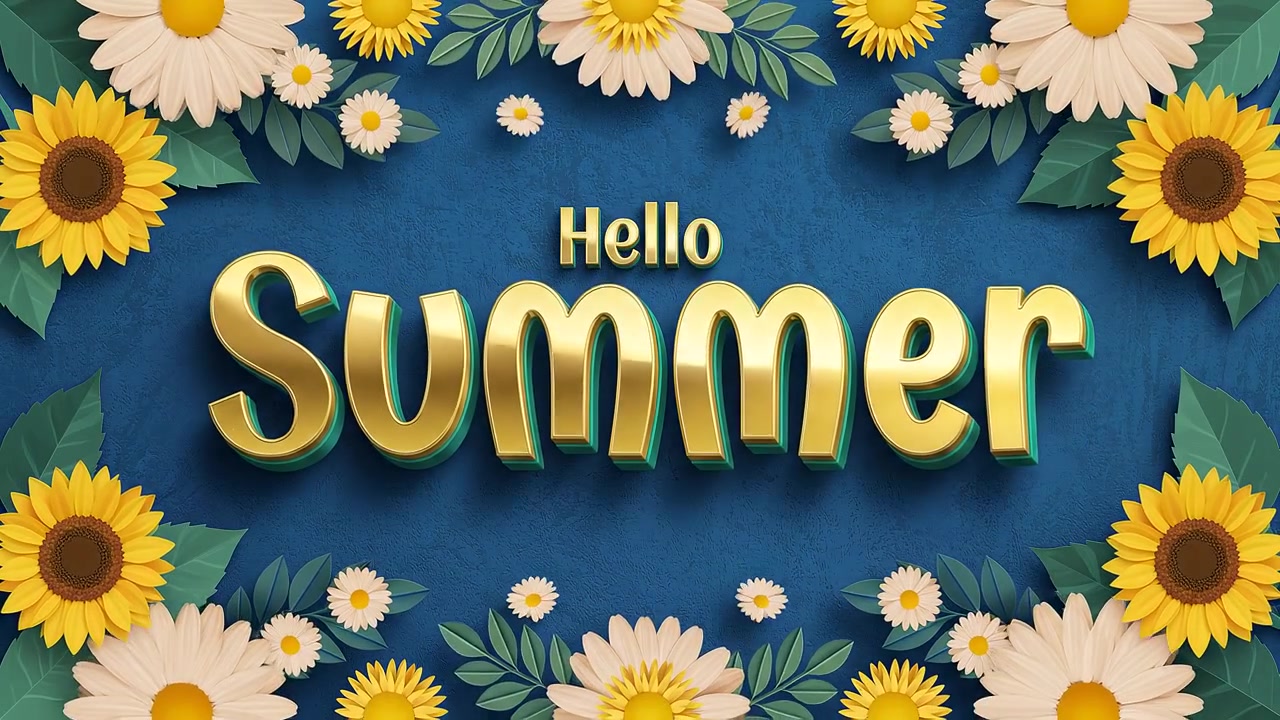 Hello Summer Vintage Floral Typography Animation with Elegant Text on Blue Background