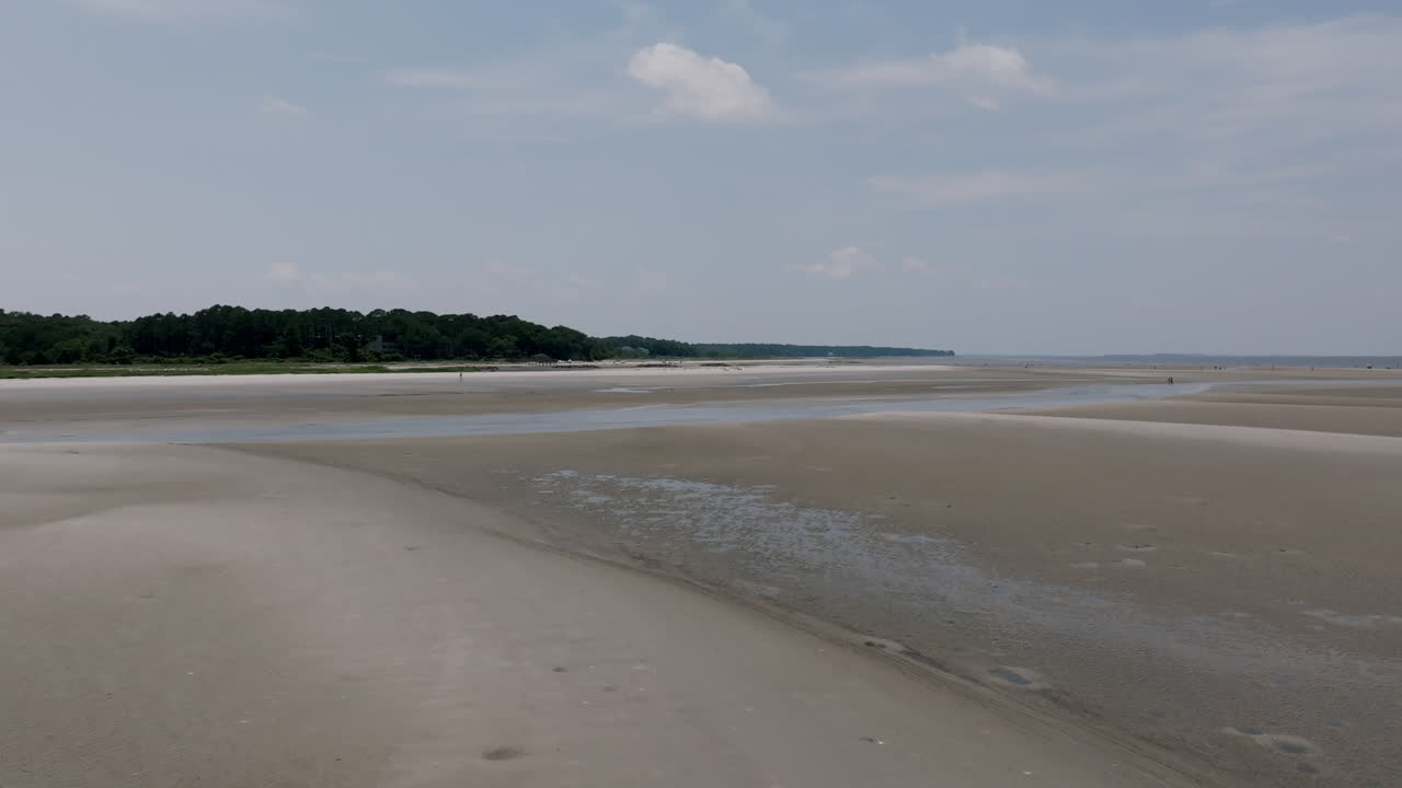 A distant view of marshy trees beyond a wide open beach scene, with thin water lines crisscrossing the soft sands in mid-day sun