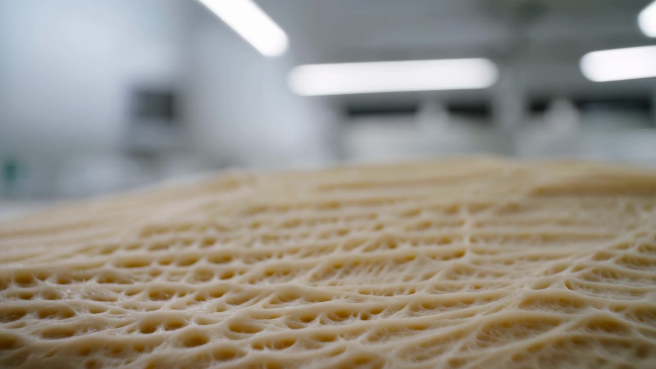 Time-lapse style sequence through clip showing dough sheet on white production table inside industrial bakery progressing from early resting stage with small