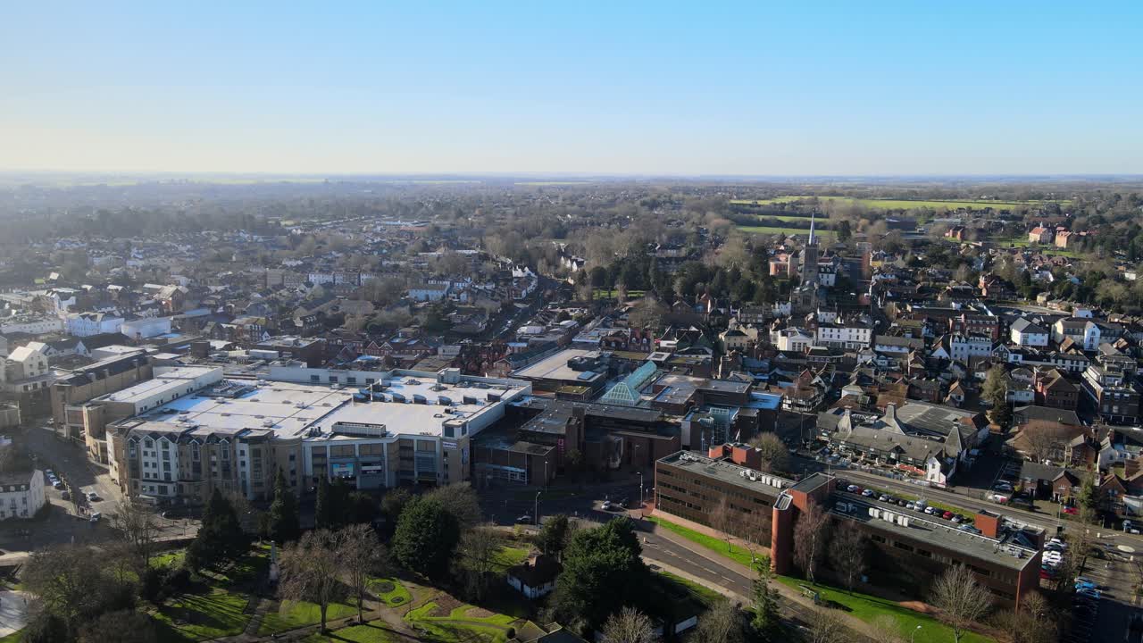 Bishop Stortford town centre Hertfordshire UK aerial pan, sunny day