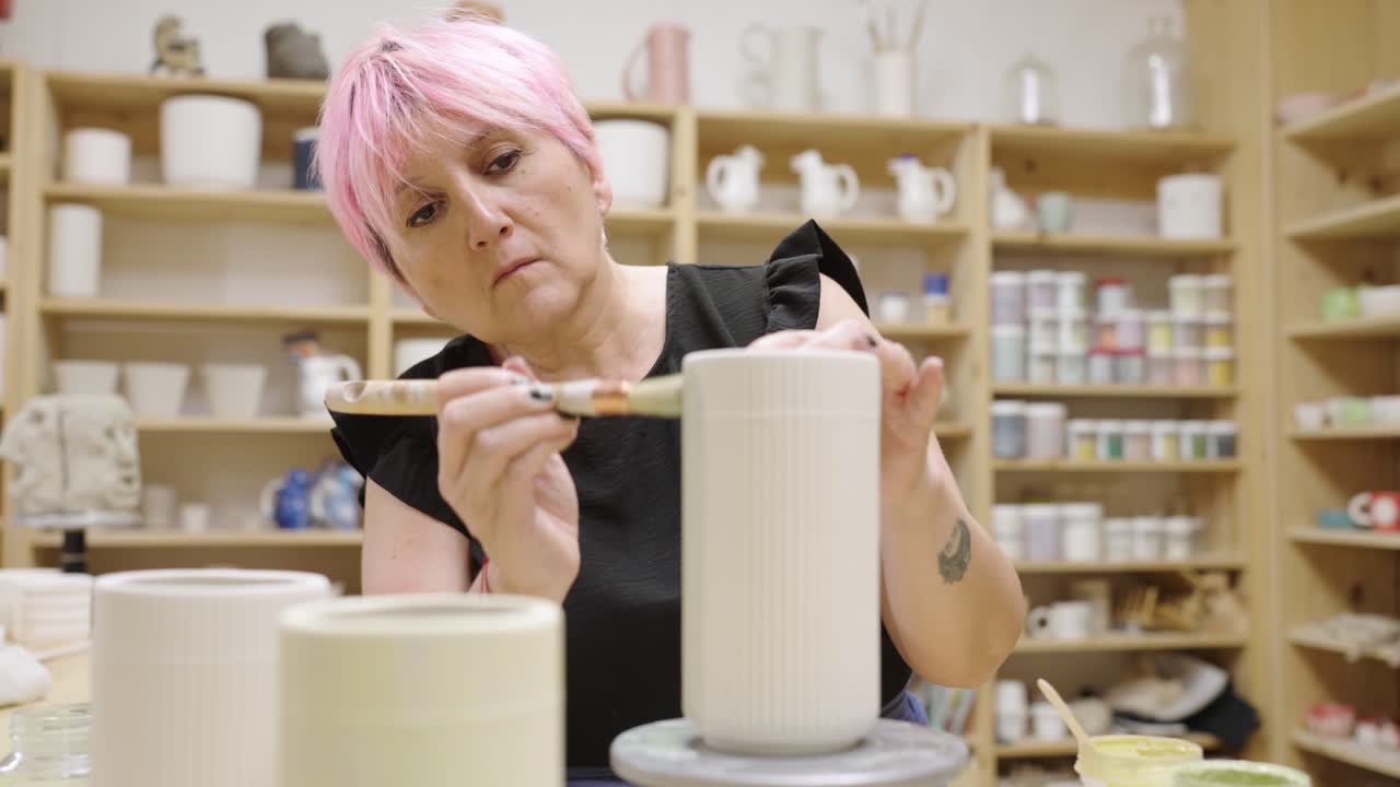 Woman painting ceramics in studio
