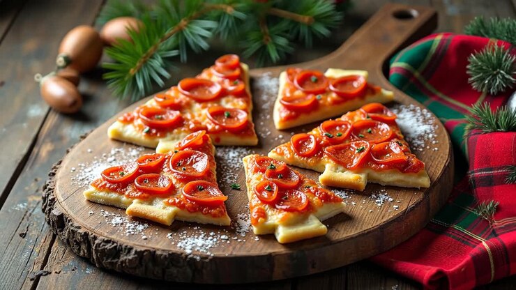 Pizze a forma di albero di Natale al salamino piccante