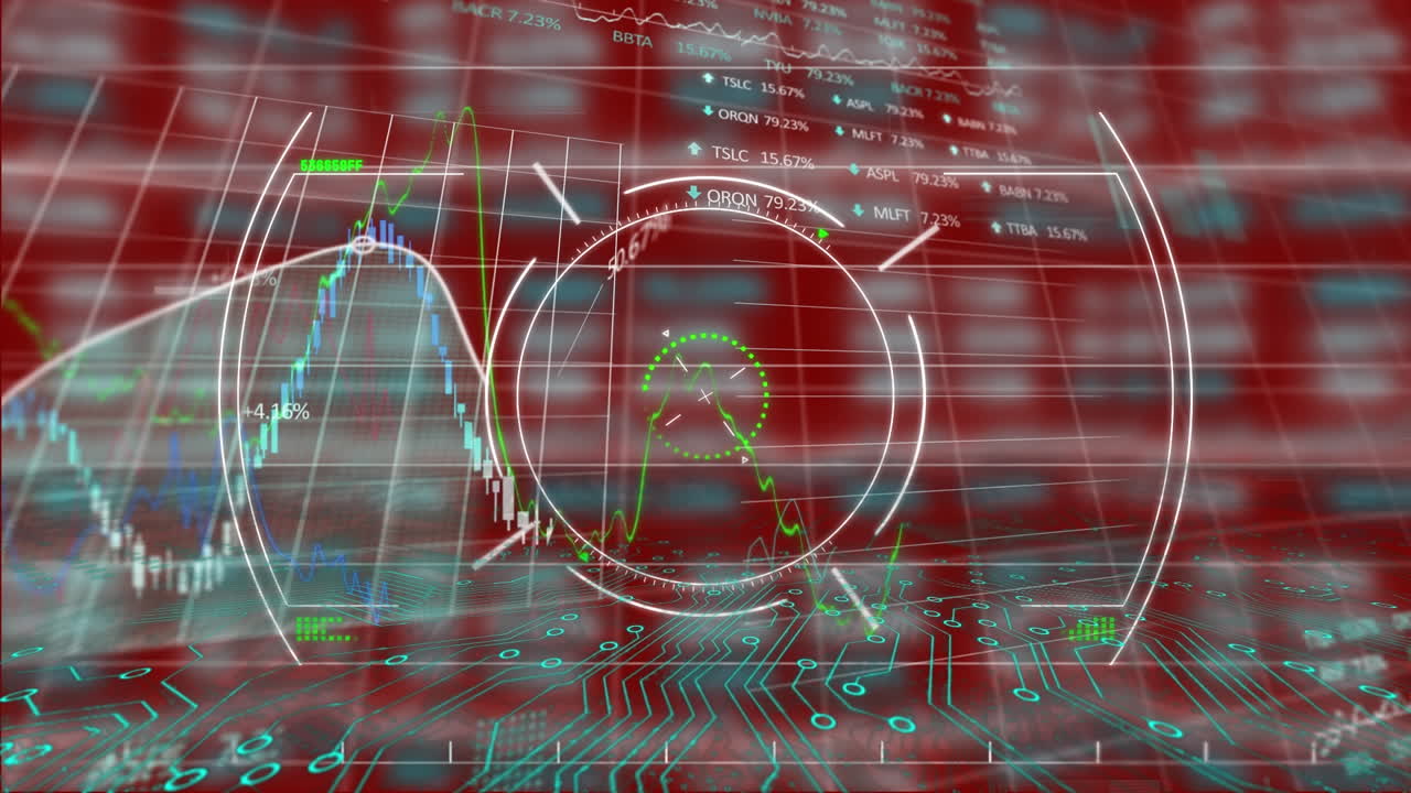 animación de círculos, gráficos con patrón de placa de circuito y tablero de negociación sobre fondo rojo