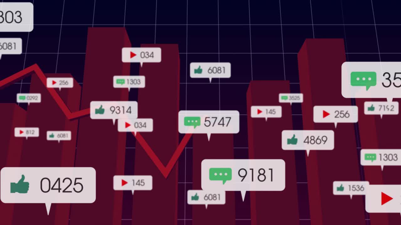 Opening on dark purple grid emerging red bars animating labels and line showing engagement trends
