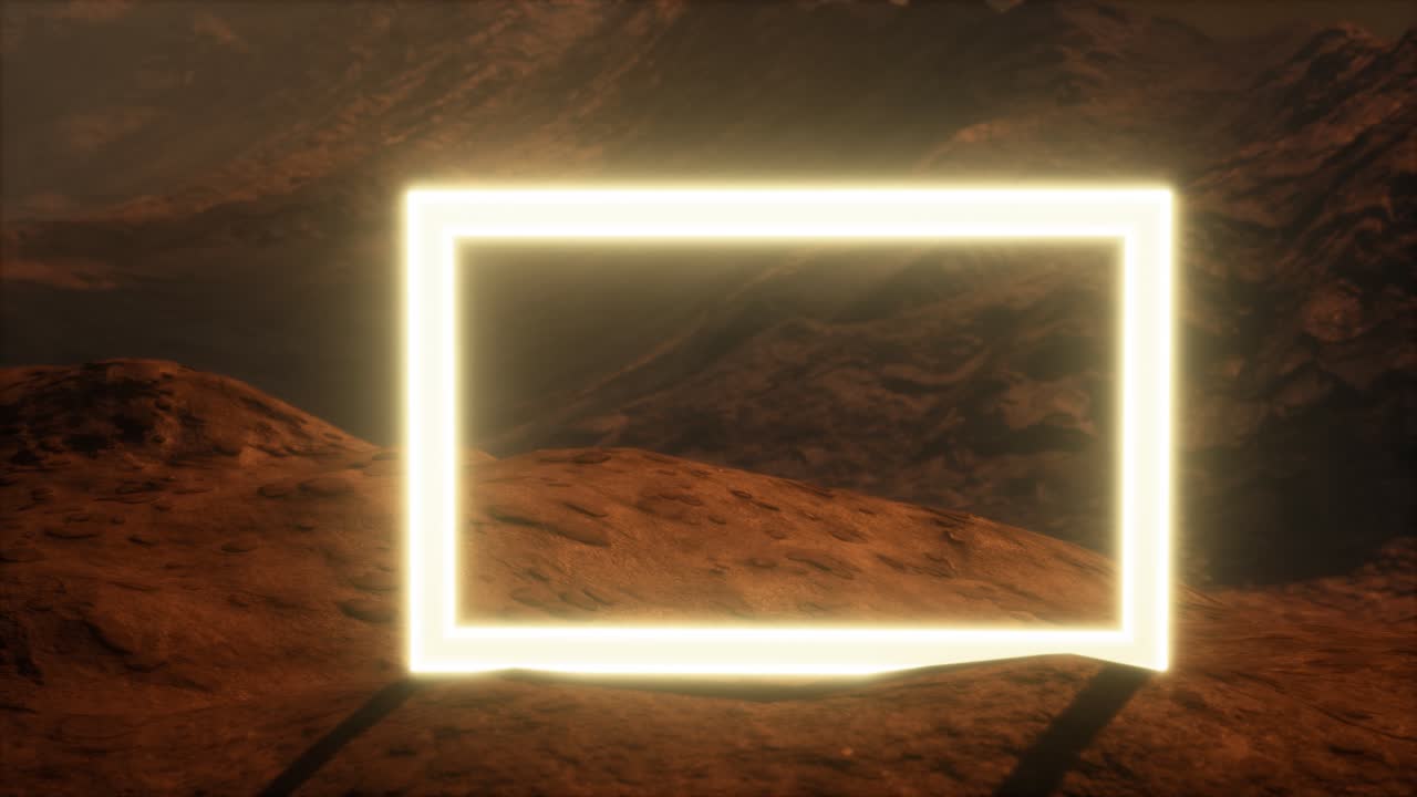 portal de neón en la superficie del planeta marte con el soplo de polvo