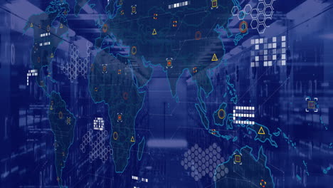 animation of digital data processing over world map and computer servers
