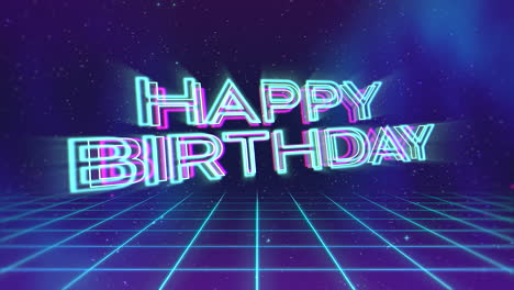 feliz cumpleaños con rejilla azul neón y estrellas en galaxia