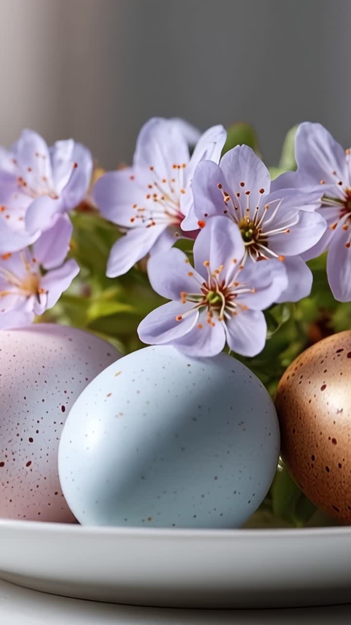 Delicate Spring Display with Colorful Easter Eggs and Beautiful Blossoms on a Plate, Capturing the Essence of Renewal and Celebration in Nature's Palette