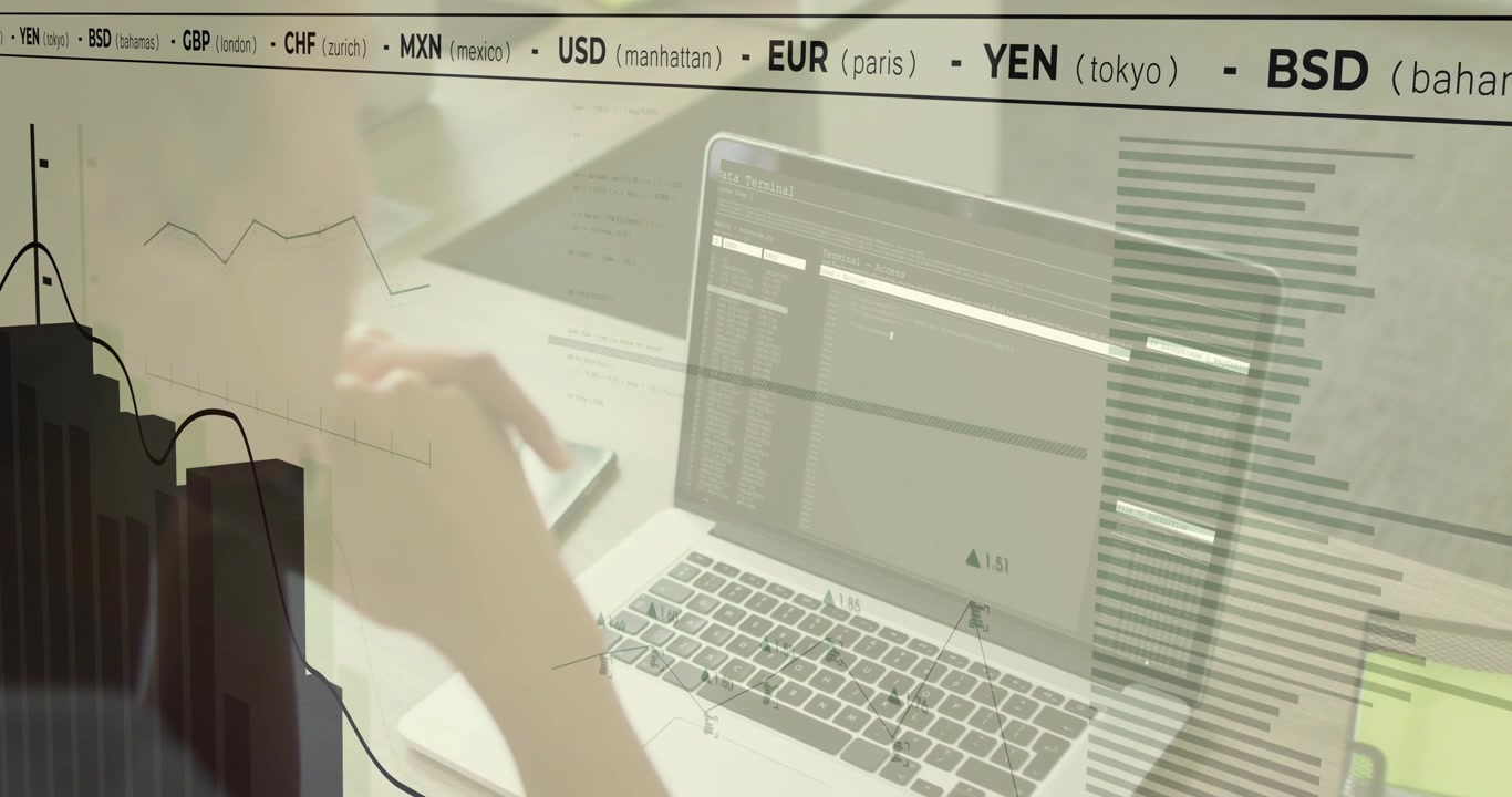 Mid adult woman scrolling laptop as currency tickers fading in and finance bar charts rising