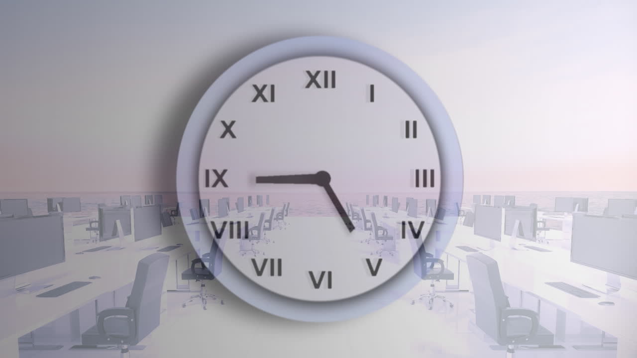 animación de reloj moviéndose sobre escritorios de oficina con computadoras