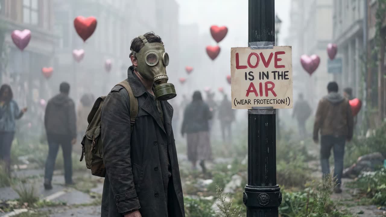 Standing man wearing gas mask watching people entering foggy street, lamppost warning and balloons